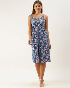 floral print strappy a-line dress with slit