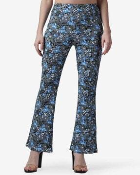 floral print stretchable flat-front trousers