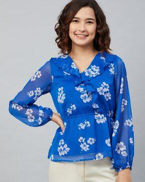 floral print surplice-neck top