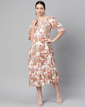 floral print sweetheart-neck tiered dress