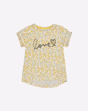 floral print t-shirt with sequinned text