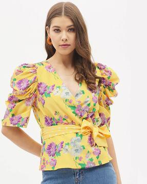 floral print tailored fit wrap top