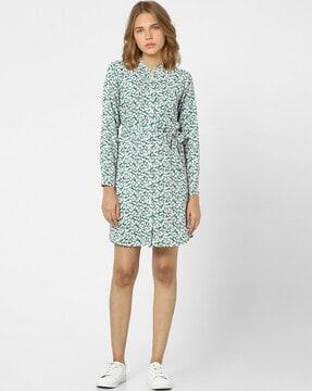 floral print tie-belt shirt dress