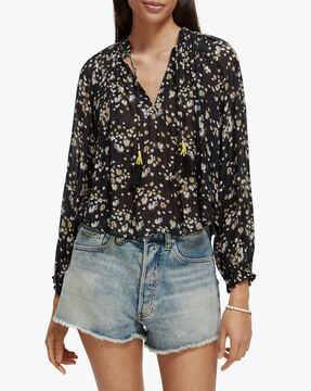 floral print tie-up neck top