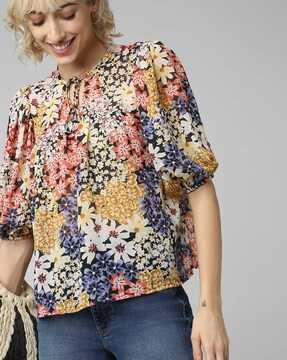 floral print tie-up neck top