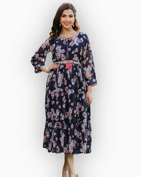 floral print tiered dress with belt