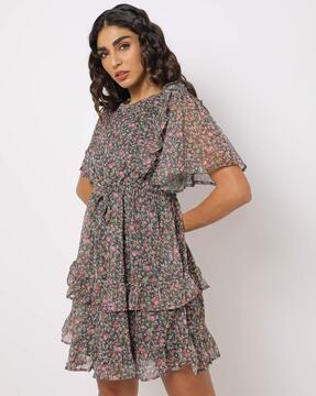 floral print tiered dress with cinched waist