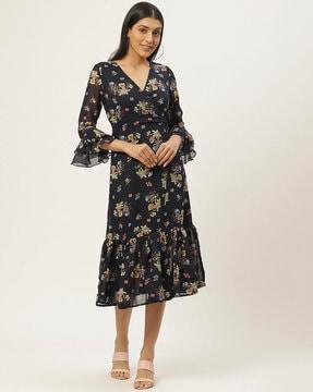 floral print tiered dress with detachable belt
