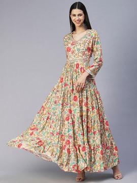floral print tiered dress with embellishments
