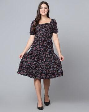 floral print tiered dress with puff sleeves