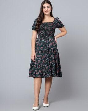 floral print tiered dress with puff sleeves