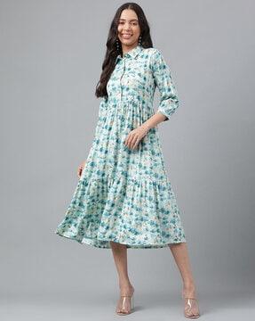 floral print tiered dress with spread collar