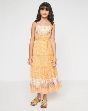 floral print tiered dress with tie-up