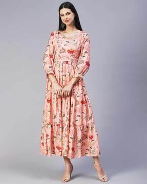 floral print tiered dress with waist tie-up