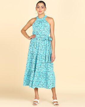 floral print tiered dress with waist tie-up