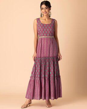 floral print tiered dress with wait tie-up