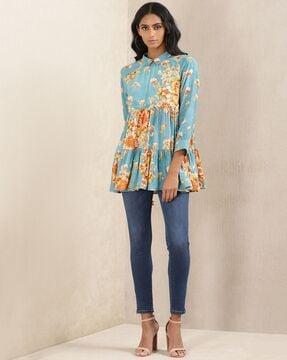 floral print tiered flared kurti with spread collar
