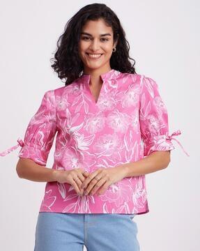 floral print top with band collar