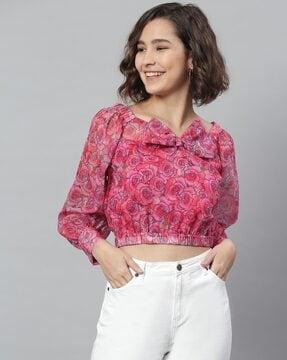 floral print top with bow applique