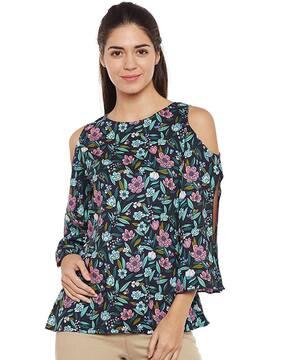 floral print top with cold-shoulder sleeves