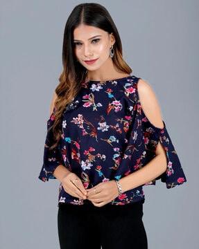 floral print top with cold-shoulder sleeves