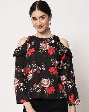 floral print top with cold-shoulder sleeves