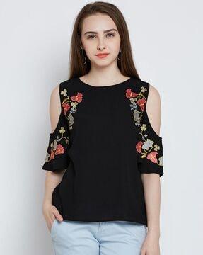 floral print top with cold-shoulder sleeves