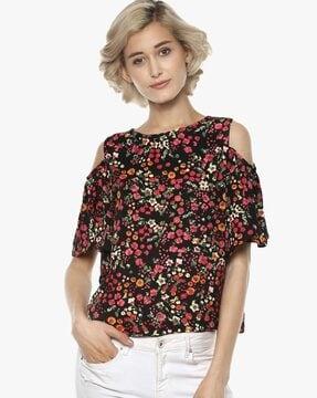 floral print top with cold-shoulder sleeves