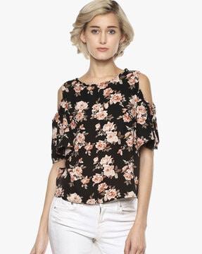 floral print top with cold-shoulder sleeves