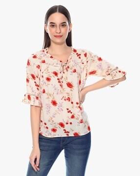 floral print top with neck tie-up