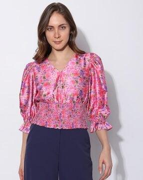 floral print top with puff sleeves