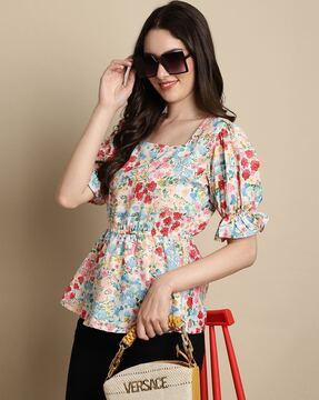 floral print top with puffed sleeves