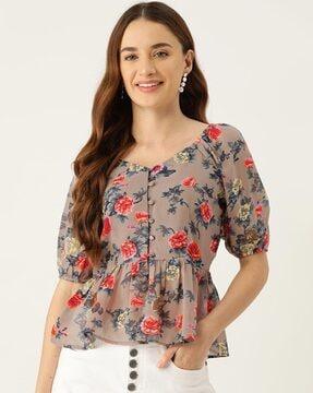 floral print top with puffed-sleeves