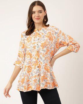 floral print top with roll-up sleeves