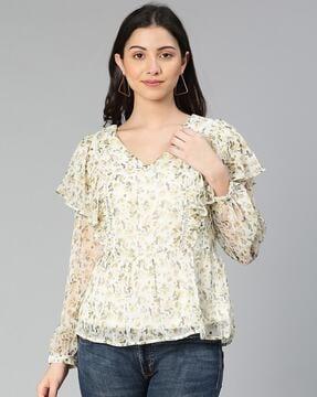 floral print top with ruffle accent