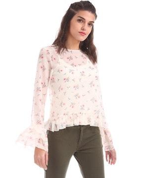 floral print top with ruffled hems