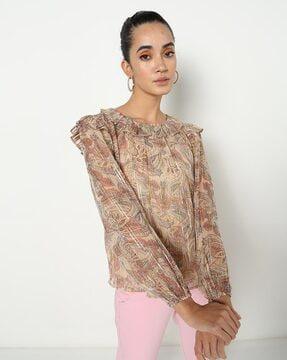 floral print top with ruffled neckline