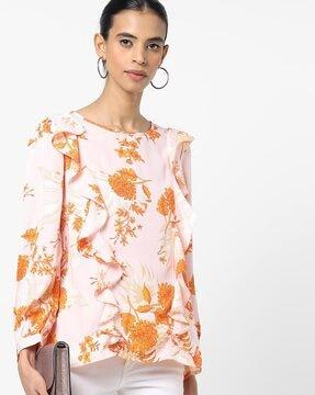 floral print top with ruffled panels