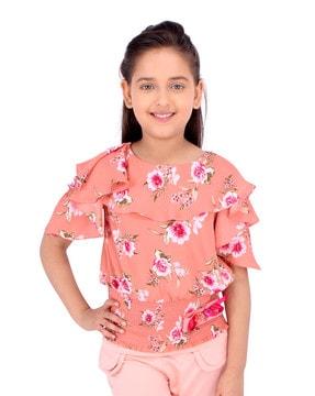 floral print top with ruffled panels