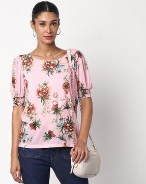 floral print top with smocked sleeves