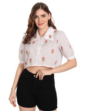 floral print top with spread collar