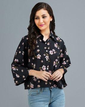 floral print top with spread collar