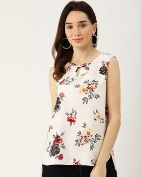 floral print top with tie-up neck