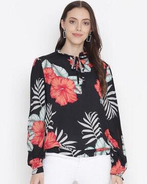 floral print top with tie-up neck