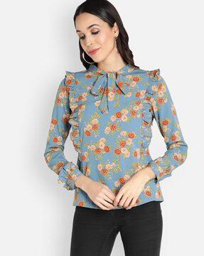 floral print top with tie-up neck