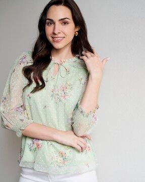 floral print top with tie-up neck