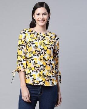 floral print top with tie-up sleeves