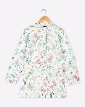 floral print tunic with band collar