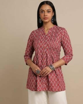 floral print tunic with band collar