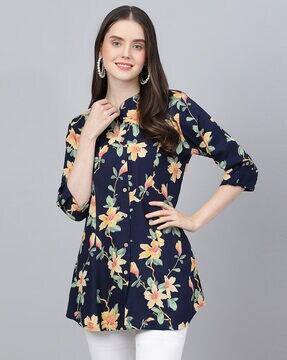 floral print tunic with band collar